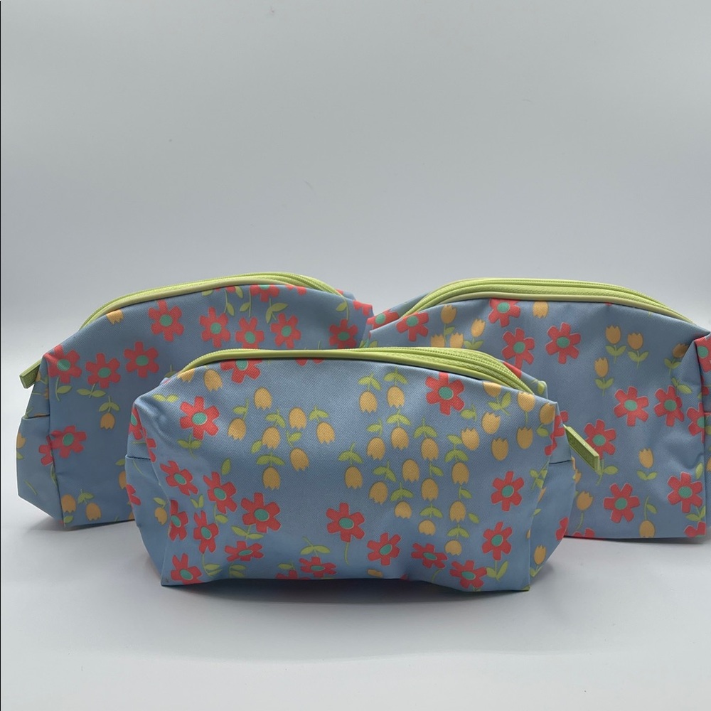 Set of 3 Blue Floral Cosmetic Makeup Bags Zip Pouch Coquette Cottagecore Travel